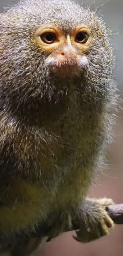 Cute pygmy marmoset on a branch, a captivating nature wallpaper.