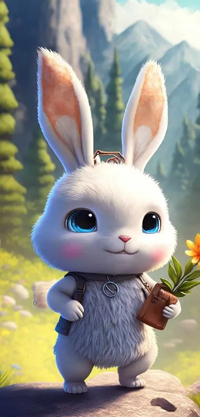 Adorable rabbit holding flower in vibrant forest wallpaper.