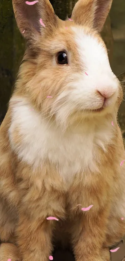 Adorable fluffy rabbit with pink petals.