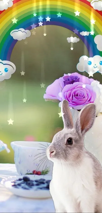 Cute rabbit, rainbow, and clouds wallpaper with a dreamy pastel theme.