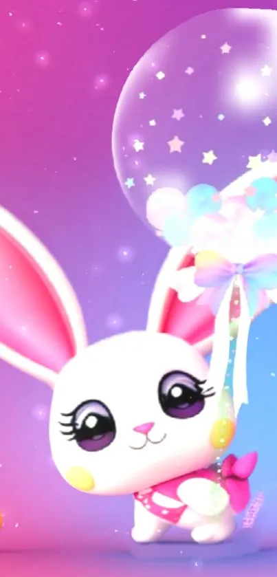 Cute cartoon rabbit with a colorful balloon on a pink and blue background.