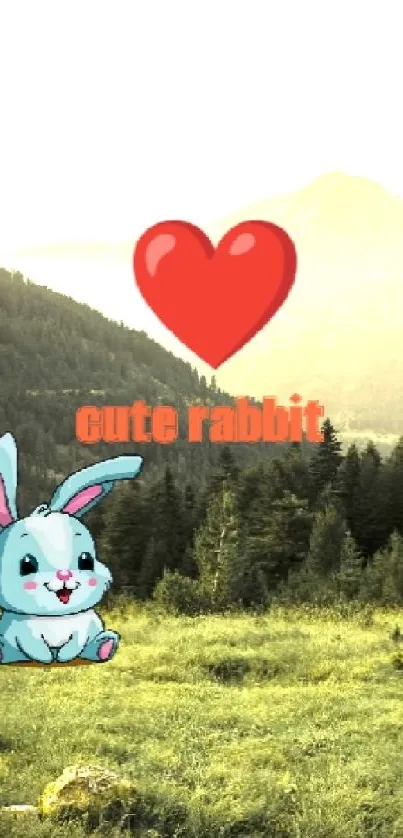 Adorable blue rabbit with red heart in forest wallpaper.