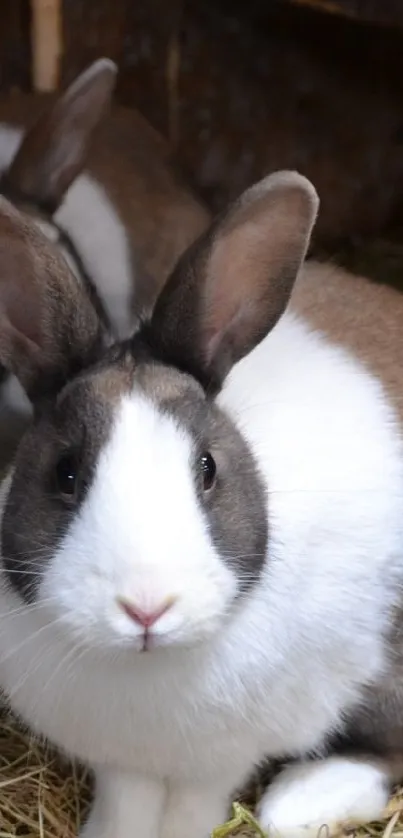 Two brown and white rabbits resting in straw.