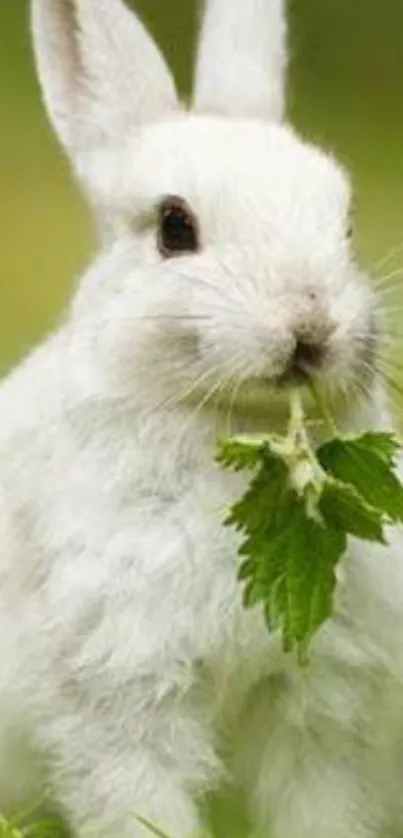 Cute white rabbit eats green leaf in a lush setting.