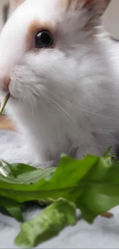 Cute white rabbit eating green leaves.