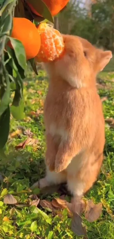 Cute rabbit stands and eats an orange outdoors.