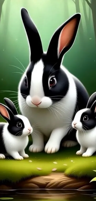 Adorable rabbit family in lush green forest art.