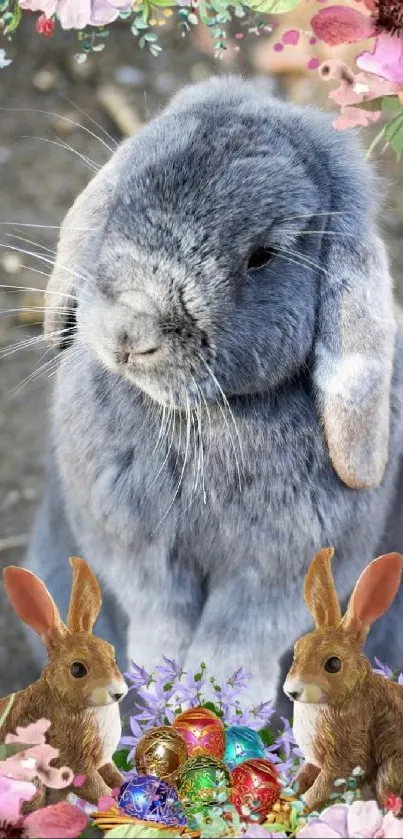 Gray rabbit with floral border and Easter eggs on a whimsical wallpaper.