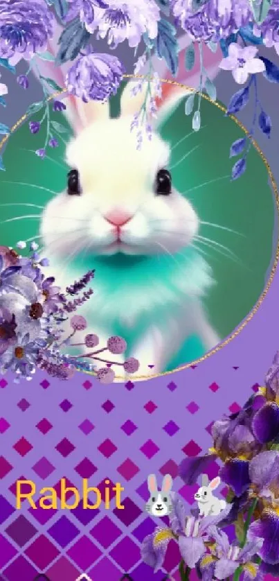 Adorable rabbit with purple flowers wallpaper.