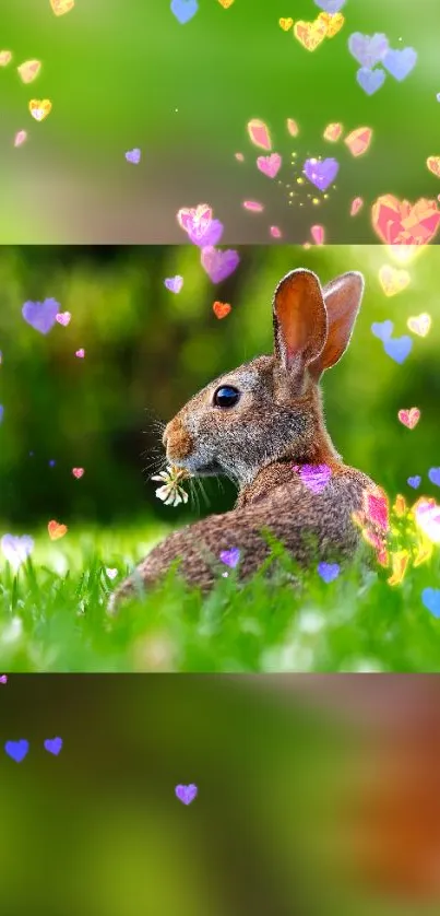 Cute rabbit in green grass with colorful heart overlay.