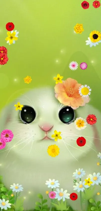 Cute cartoon rabbit with flower on its head among daisies on a light green background.