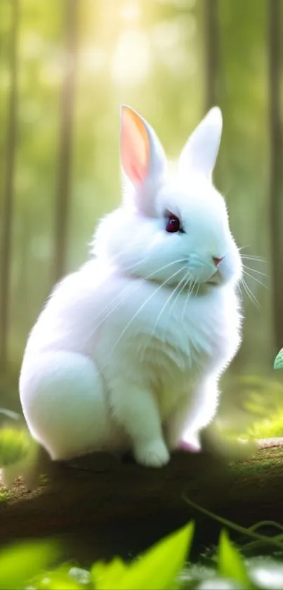 Cute white rabbit in a serene forest setting for mobile wallpaper.