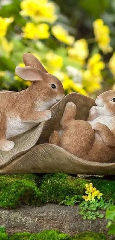 Playful rabbit statues in a green and yellow garden setting, ideal mobile wallpaper.