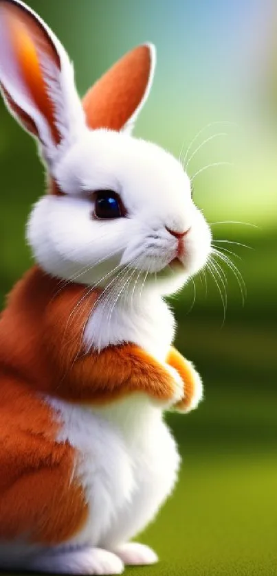 Adorable rabbit with orange and white fur on a lush green background.