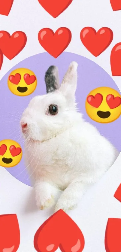 Cute rabbit with heart emojis wallpaper design.