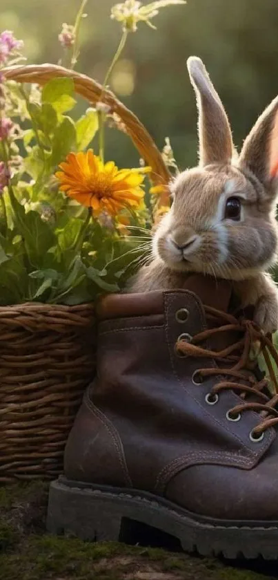 Adorable bunny in a boot with flowers next to it.