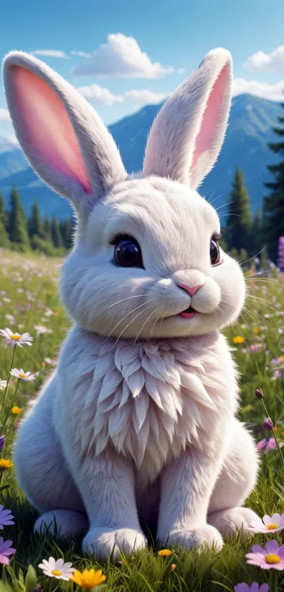 Adorable white rabbit in a colorful flower field with mountains.