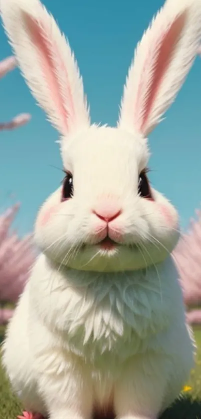 Cute rabbit in cherry blossoms on a sunny day.