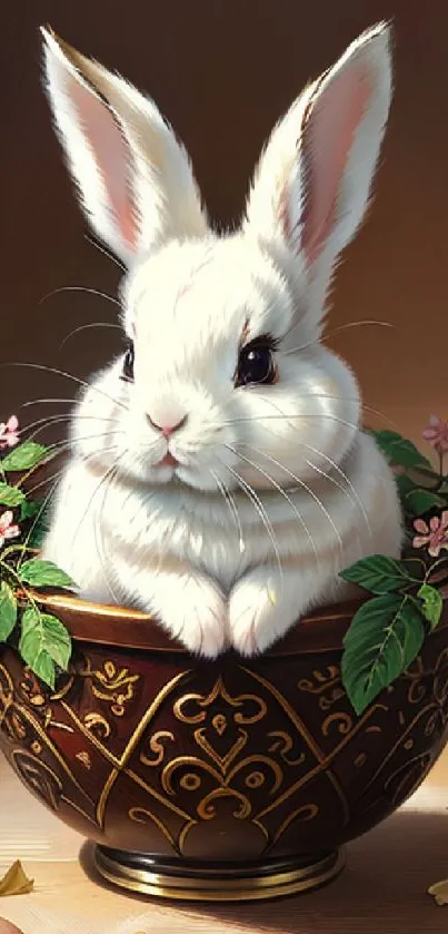 Adorable white rabbit in a decorated brown bowl with flowers.