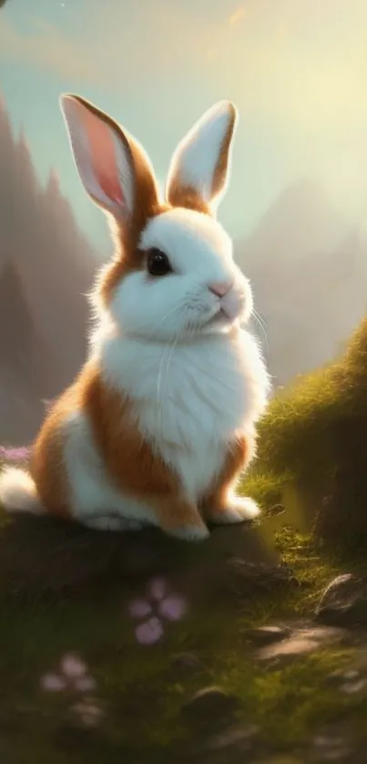 Adorable rabbit in a magical meadow, basking in soft light.