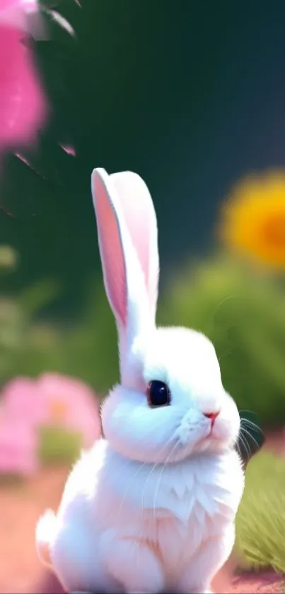 Cute white rabbit sitting among colorful flowers.