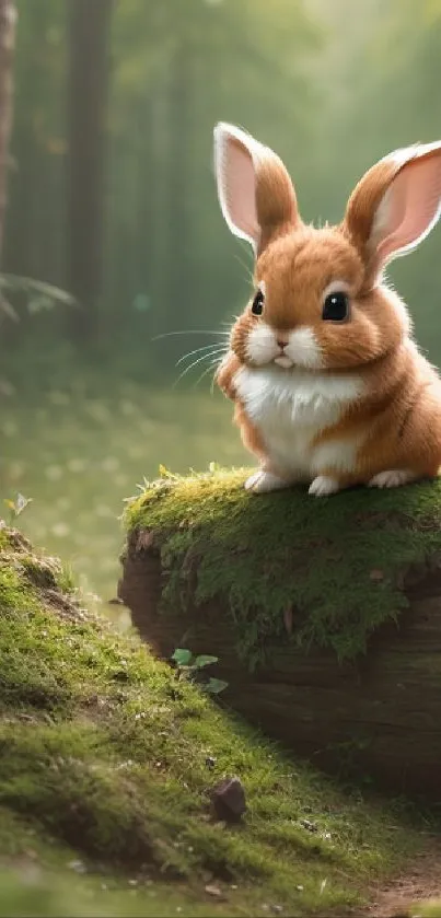 Adorable rabbit sitting on mossy log in a lush forest background.