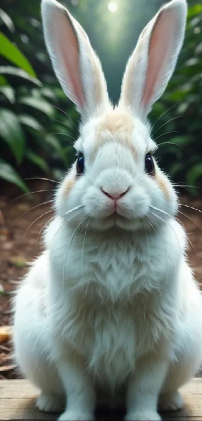 Adorable white rabbit with long ears in a lush green forest setting.