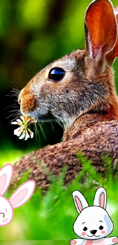 Cute rabbit in grass with cartoon bunnies and vibrant green background.