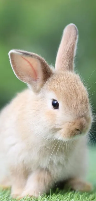 A cute rabbit sits on lush green grass in this mobile wallpaper.