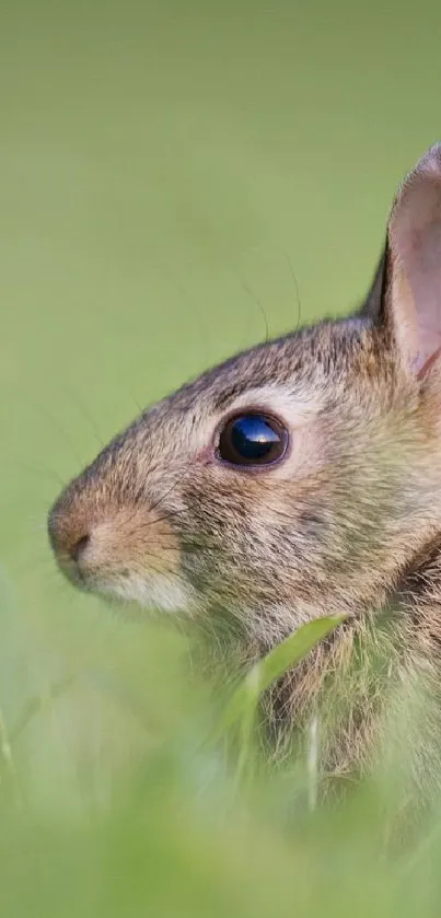 Cute rabbit peeking through lush green grass in a tranquil field.