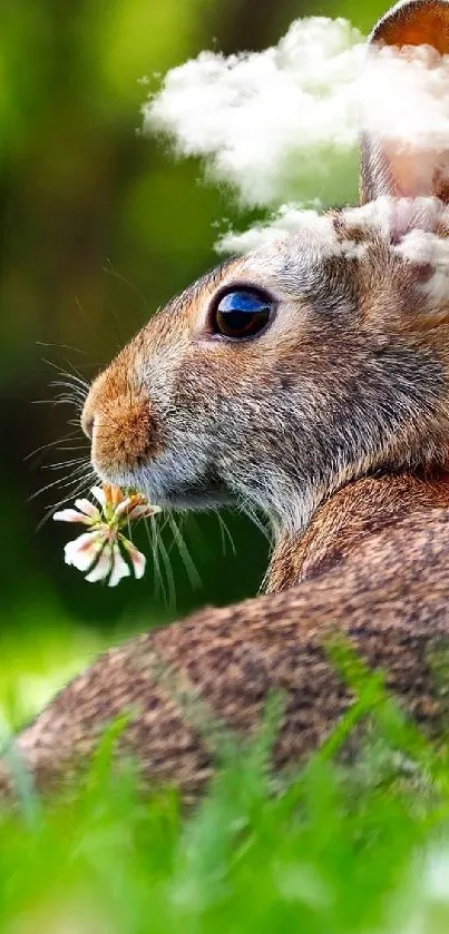 A cute rabbit holding a flower in a lush green field, perfect for a phone wallpaper.