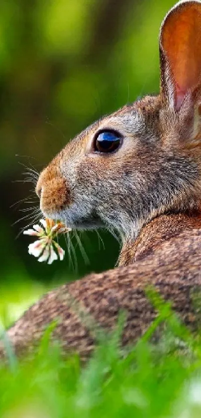 A cute rabbit in a lush green meadow holding a white flower.