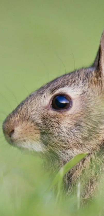 Side view of a rabbit in a green field, perfect for a cute mobile wallpaper.