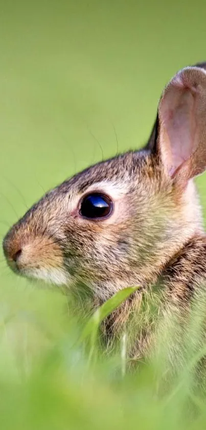 Cute brown rabbit in bright green grass background