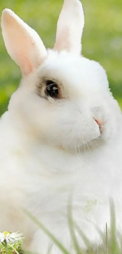 Adorable white rabbit in green field with flowers.