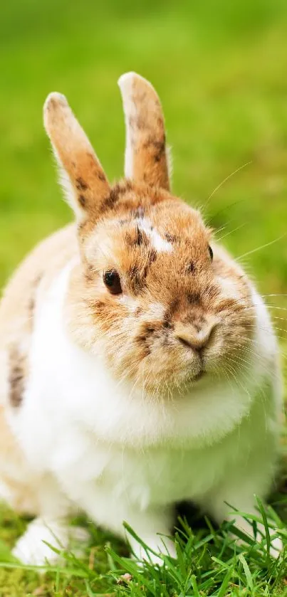 Cute rabbit sitting on green grass in a natural setting.