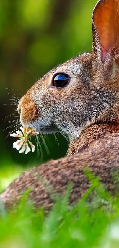 Cute rabbit with a flower in its mouth, sitting in a green field.