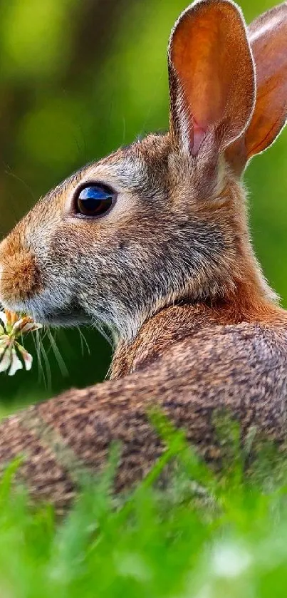 Cute rabbit sitting in green grass with a flower.