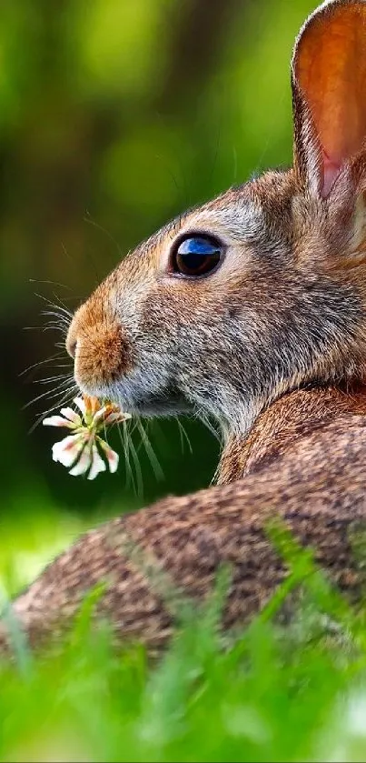 A cute rabbit with a flower in its mouth sitting in a green meadow.