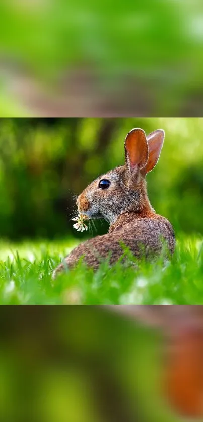 Cute rabbit sitting in green grass, holding a small flower.