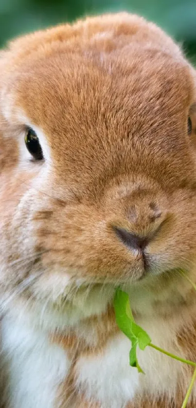 Brown rabbit eating grass in green landscape.