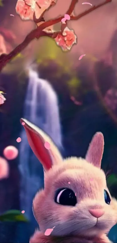 Cute rabbit beneath cherry blossoms in a mystical forest setting.