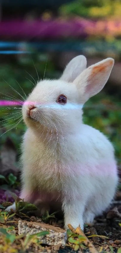 White rabbit sitting on grass surrounded by greenery.