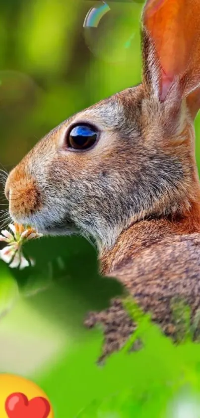 Adorable rabbit munching flowers in a lush green setting.