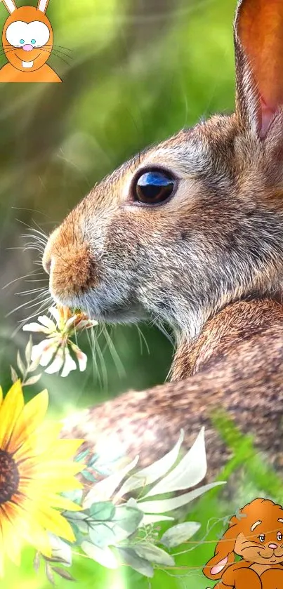 Cute rabbit in a meadow with flowers and cartoon icons.