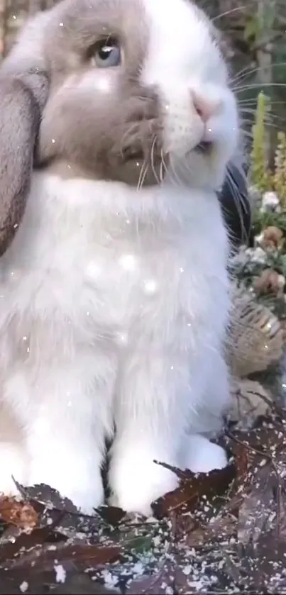 Adorable rabbit in a frosty winter garden setting, surrounded by leaves.