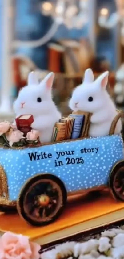 Two white rabbits in a whimsical car with books, inspiring 2025 writing.