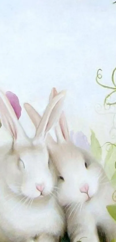 Two cute rabbits in a pastel garden wallpaper.