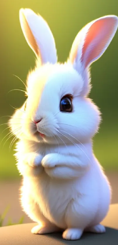 Adorable fluffy rabbit with glowing fur on a green backdrop.