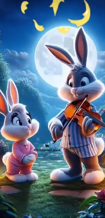 Animated rabbits with violin in moonlit forest.